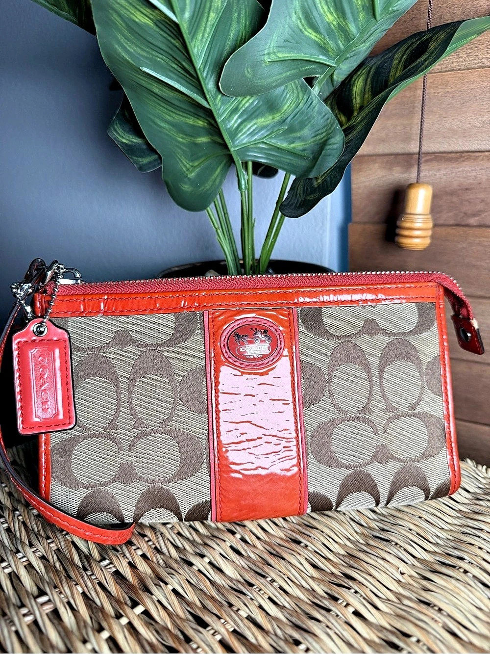 Coach Signature Wristlet in Red & Brown